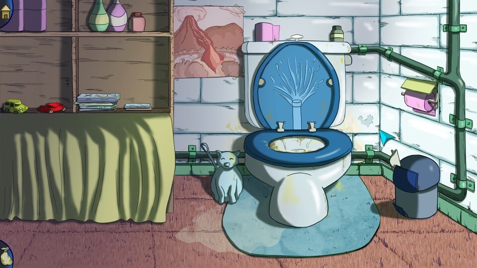 Most of these types of games don&rsquo;t let you enter the player character&rsquo;s bathroom. This one gives it a whole two screens, one just for this lovingly rendered toilet.