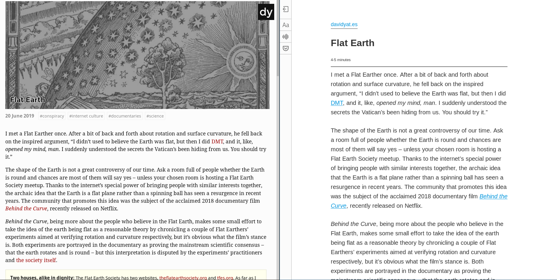 My site on the left, reader mode on the right.