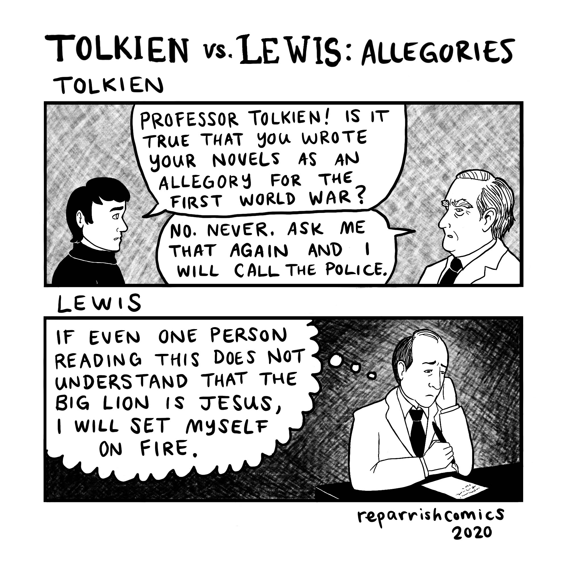 <a href="https://reparrishcomics.com/post/618585931338874880/facebook-twitter-instagram-redbubble-buy">Tolkien vs Lewis: Allegories by RE Parrish</a>
