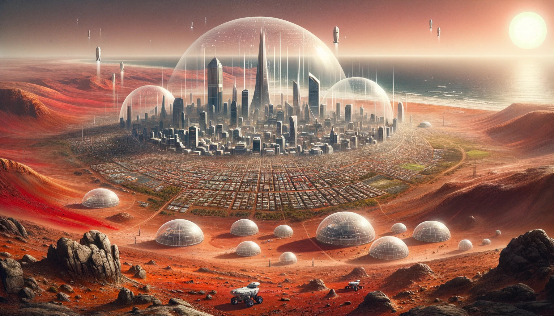 Futuristic landscape painting of Cape Town on Mars. The city’s skyline rises from the Martian surface, with its iconic landmarks protected by large transparent shields. Martian rovers and settlers can be seen, and the vast red desert of Mars extends to the horizon.